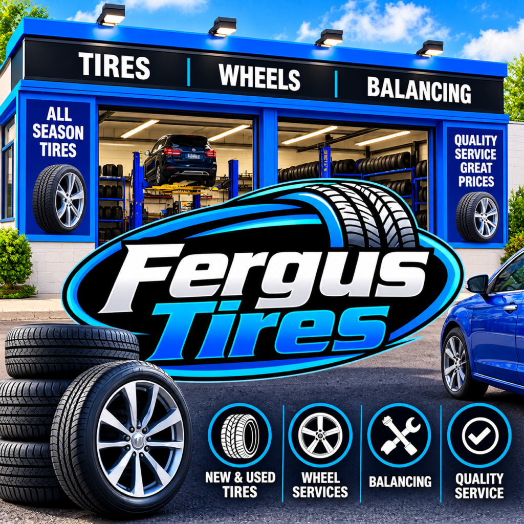 Fergus Tires signage tops open service bays, with blue labels for tires, wheels and balancing, plus wheels and tools below.